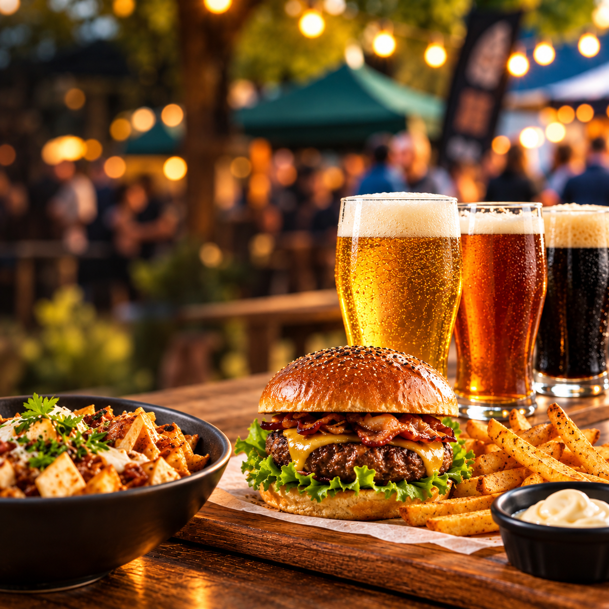 Cervejas artesanais acompanhadas de hambúrguer, batatas e pratos gastronômicos
